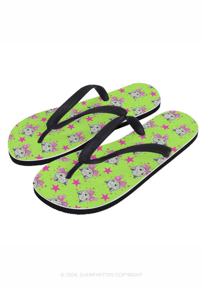 Pink Bow Cats Star Y2K Print Flip Flops Cherrykitten