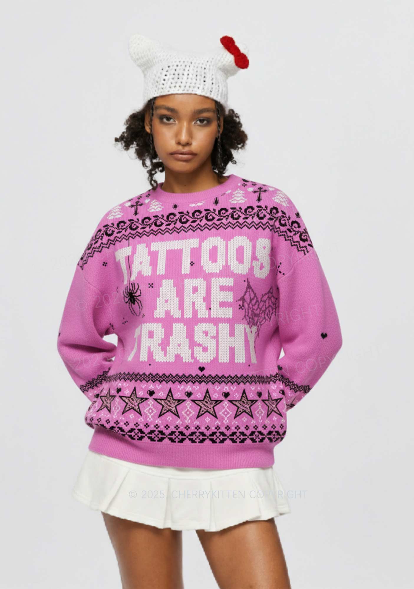 Tattoos Are Trashy Y2K Christmas Knit Sweatshirt Cherrykitten