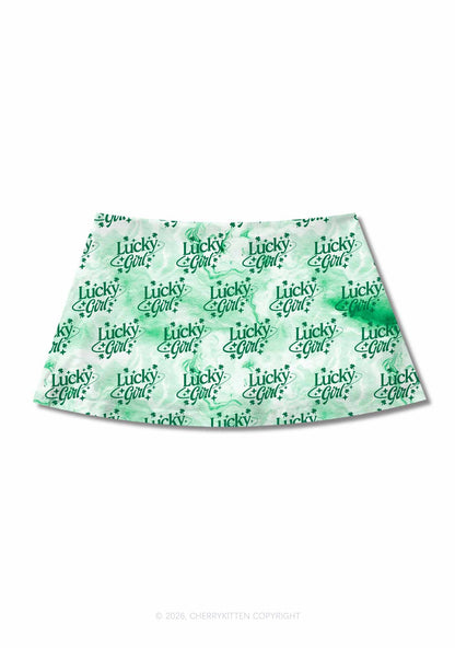 Lucky Girl Green Clover St Patricks Y2K Print Mini Skirt Cherrykitten