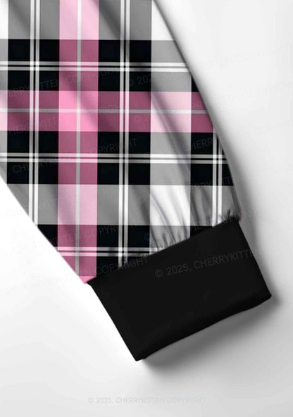 Pink And White Plaid Y2K Print Long Sleeve Pajama Set Cherrykitten