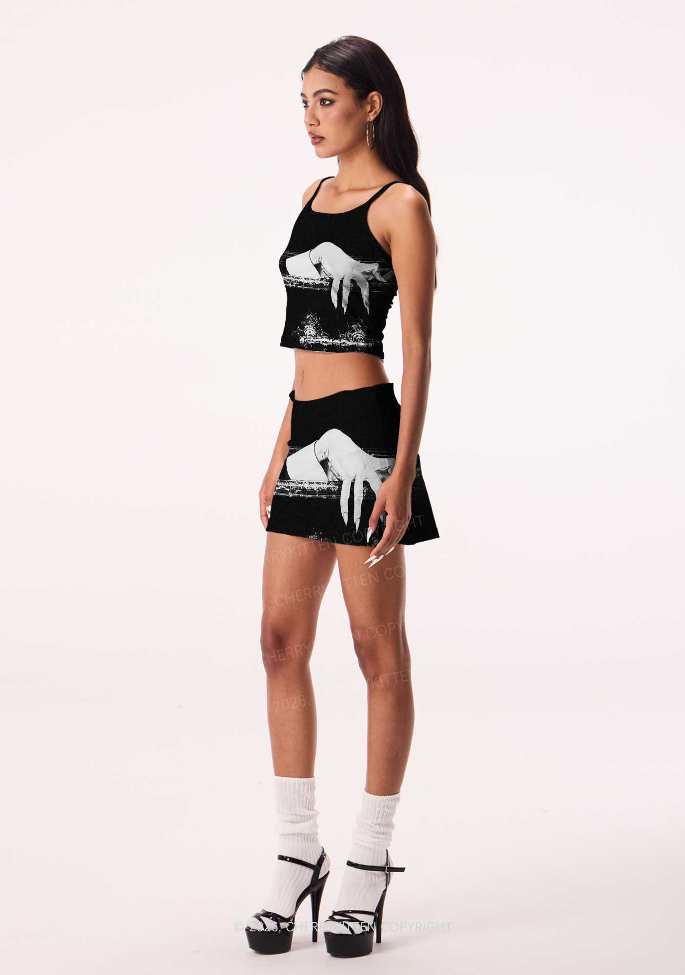Halloween Black Vampire Claw Y2K Print Mini Skirt Cherrykitten