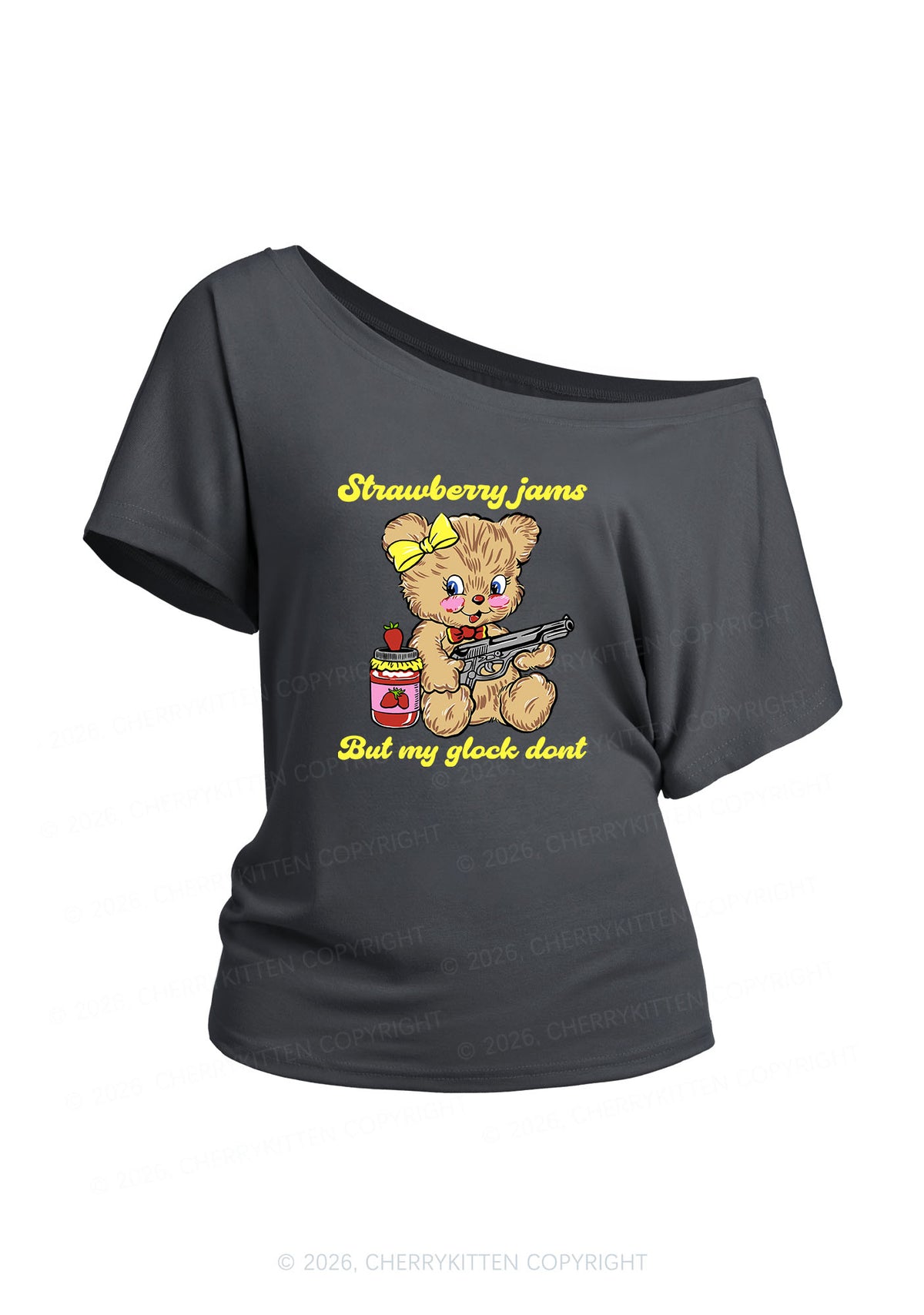 Strawberry Jams Bear Y2K Off Shoulder Tee Cherrykitten