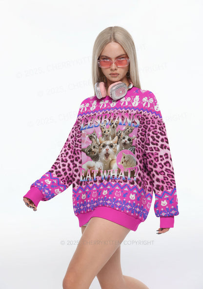 Lesbians Eat What Cat Pride Y2K Christmas Knit Sweatshirt Cherrykitten