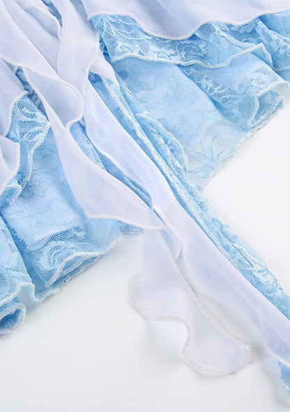 Y2K Light Blue Rose Tassel Irregular Skirt Cherrykitten