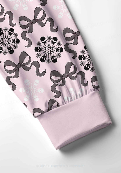 Christmas Bow Skull Snowflakes Y2K Print Long Sleeve Pajama Set Cherrykitten