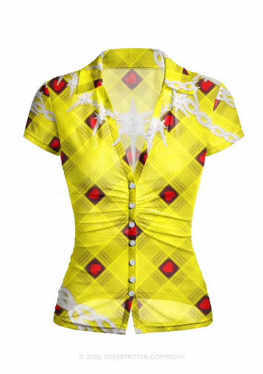 Star Chain and Hearts Y2K Mesh Ruched  Waist  V Neck Top Cherrykitten