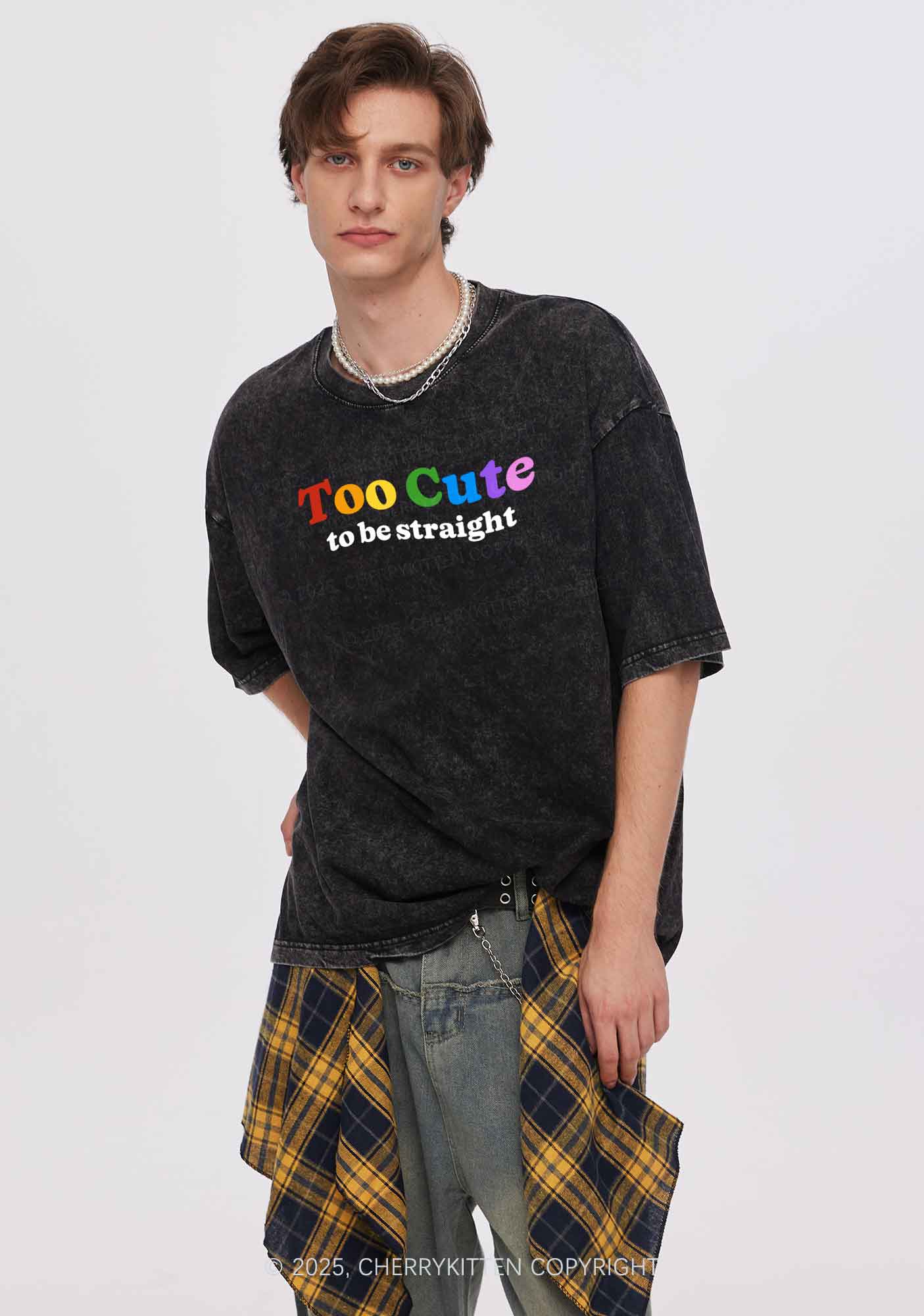 Too Cute To Be Straight Pride Y2K Shirts Washed Tee Cherrykitten