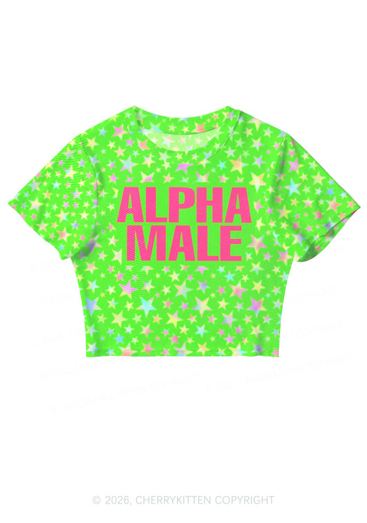 Green Alpha Male Star Y2K Mesh Crop Top Cherrykitten