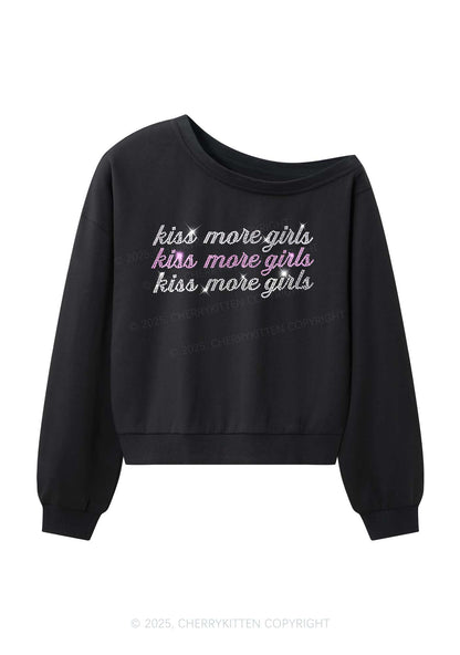 Rhinestone Kiss More Girls Pride Y2K Off Shoulder Sweatshirts Cherrykitten