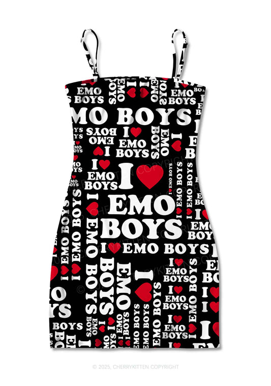 I Love Emo Boys Y2K Print Slip Dress Cherrykitten