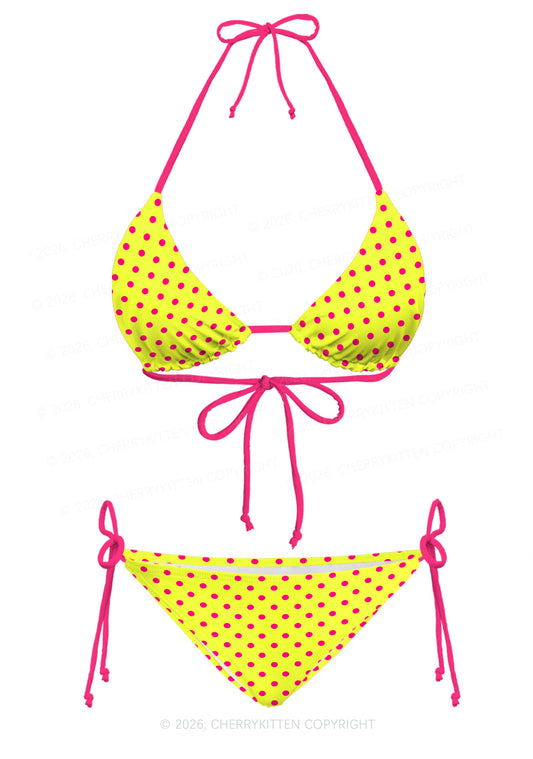 Hot Pink Dots On Yellow Y2K Print Bikini Set Cherrykitten