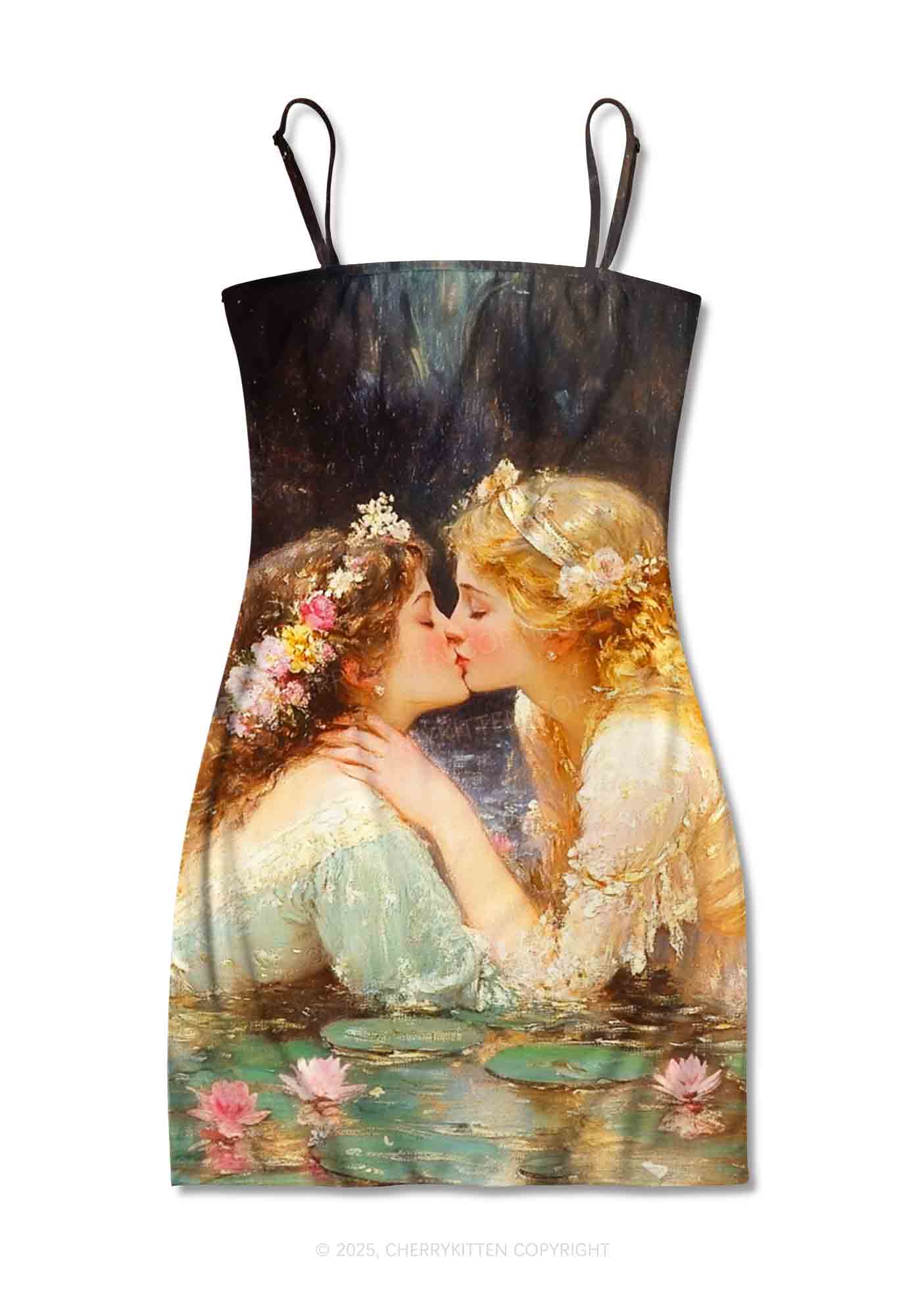 Romantic Kissing Girls Pride Y2K Print Slip Dress Cherrykitten