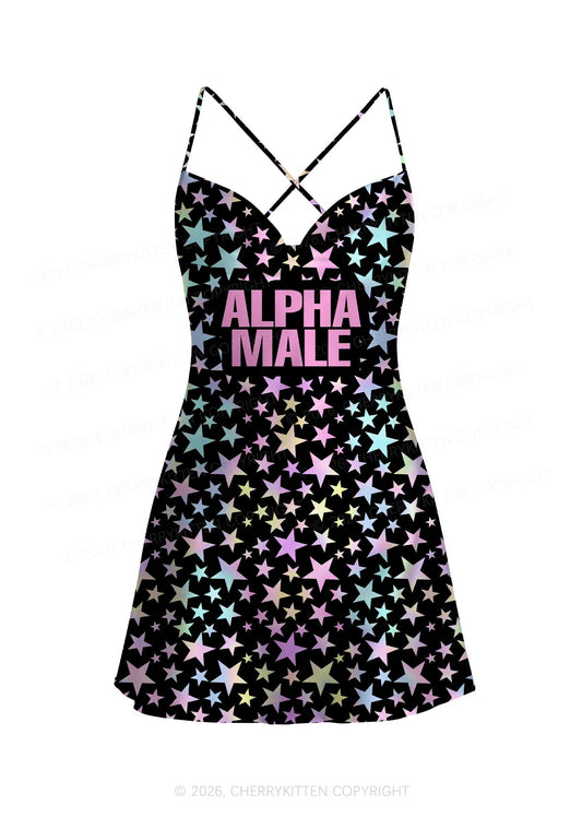 Black Alpha Male Y2K Print Satin Cowl Neck Slip Dress Cherrykitten