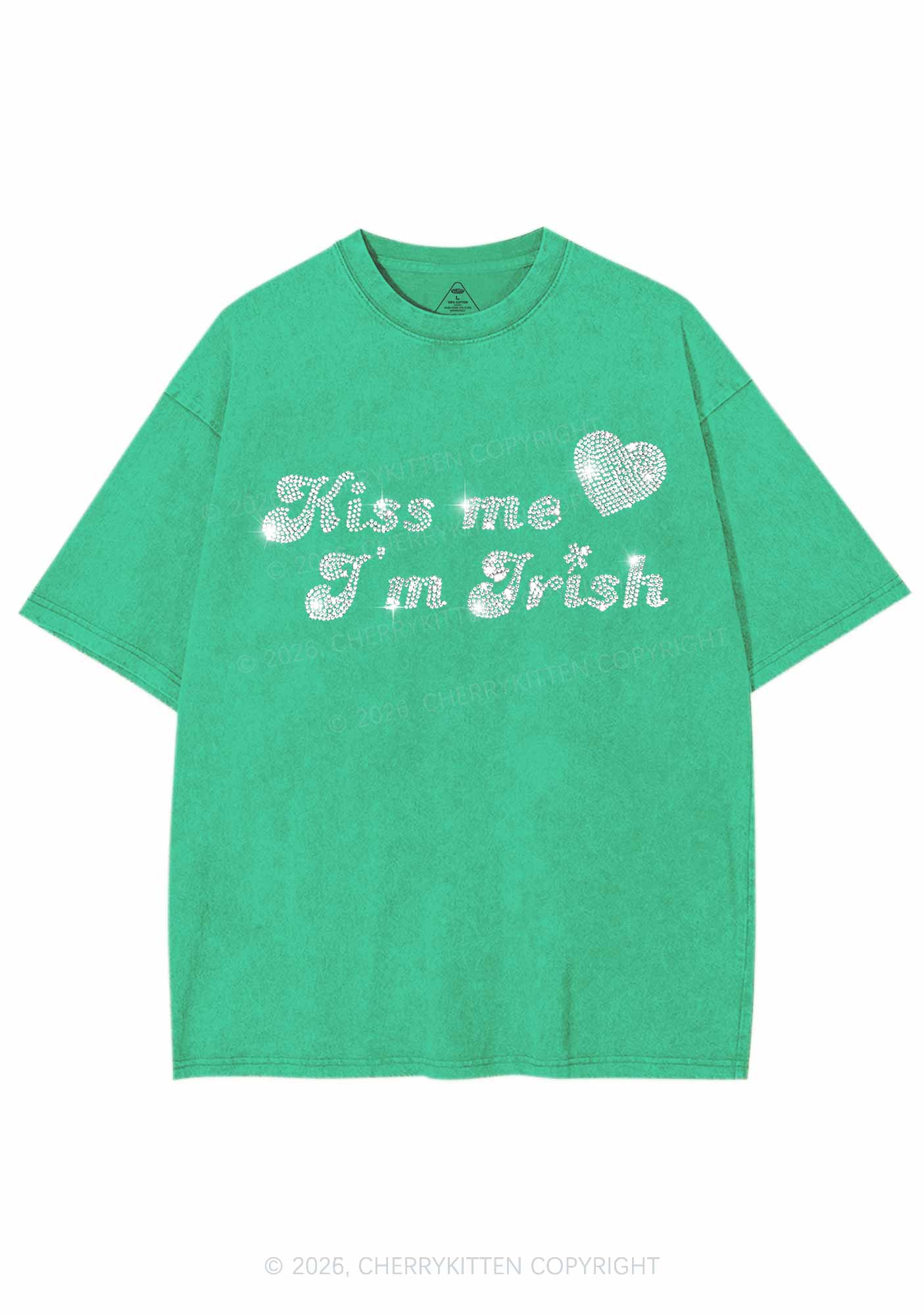 Rhinestone Kiss Me St Patricks Y2K Shirts Washed Tee Cherrykitten