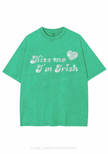 Rhinestone Kiss Me St Patricks Y2K Shirts Washed Tee Cherrykitten