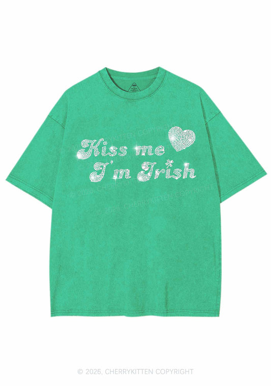 Rhinestone Kiss Me St Patricks Y2K Shirts Washed Tee Cherrykitten
