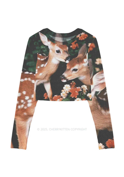 Deer Flowers Y2K Mesh Long Sleeve Crop Top Cherrykitten