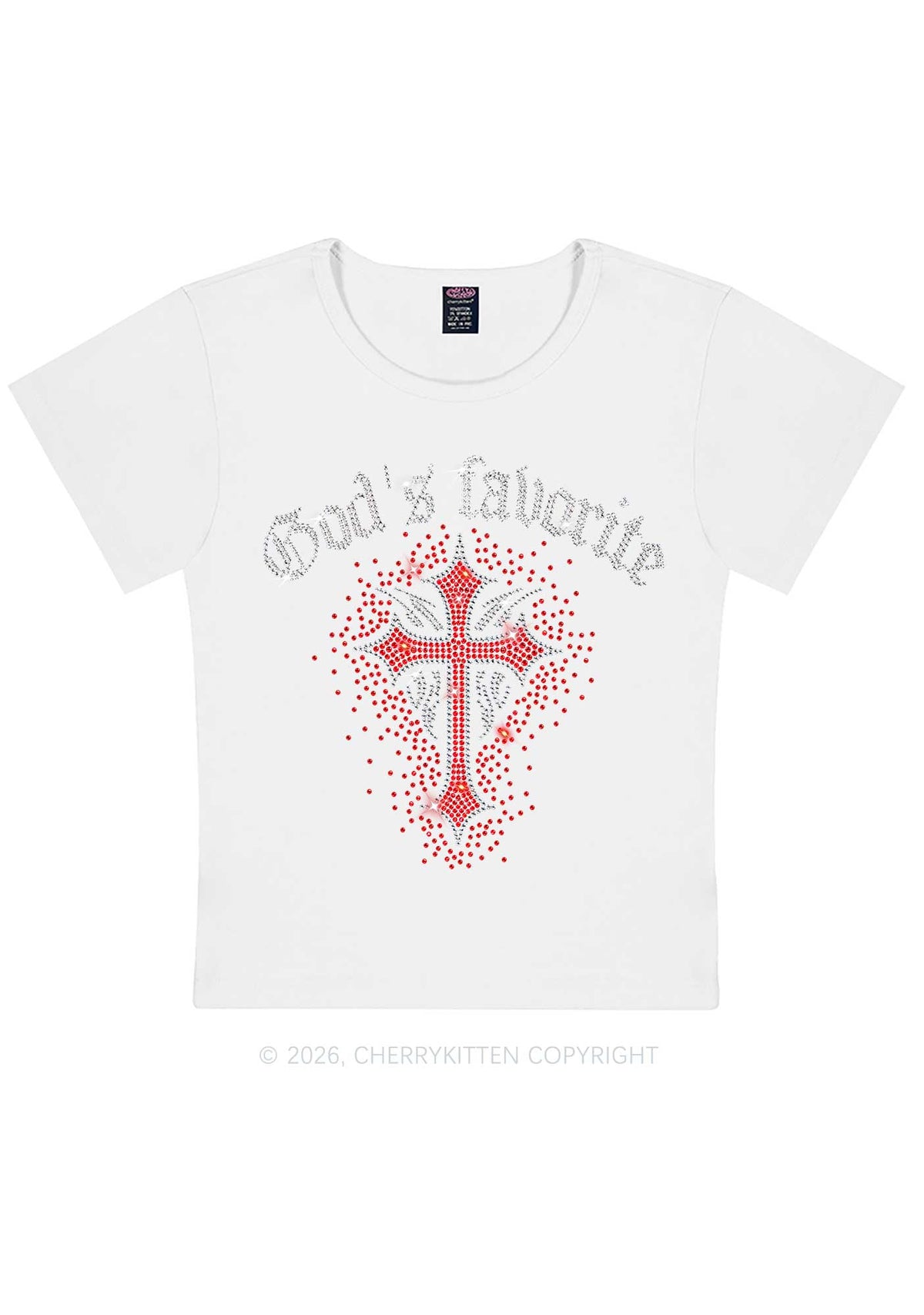 Rhinestone Gods Favorite Cross Y2K Baby Tee Cherrykitten