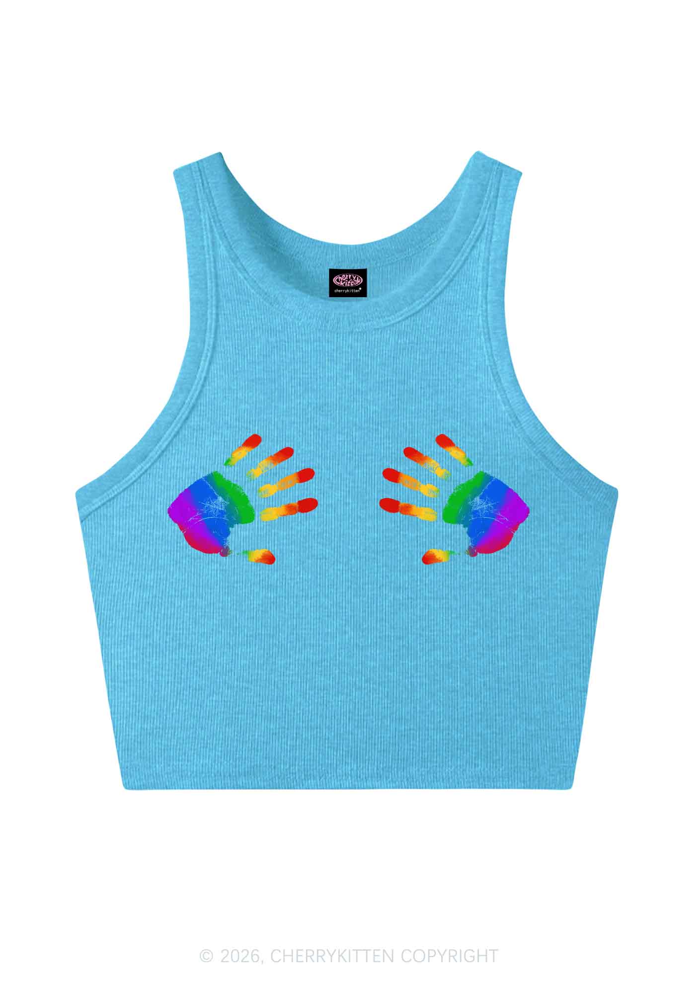 Rainbow Handprint Pride Y2K Crop Tank Top Cherrykitten