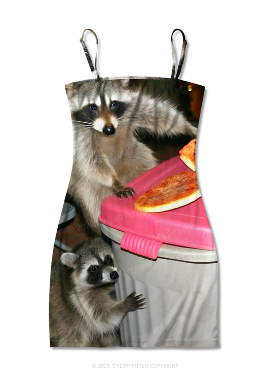 Raccoons Pizza Party Y2K Print Slip Dress Cherrykitten