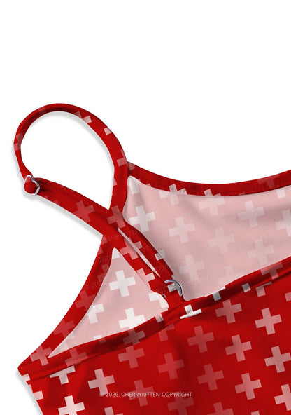 Red White Gradient Cross Y2K Print Cami Crop Top Cherrykitten