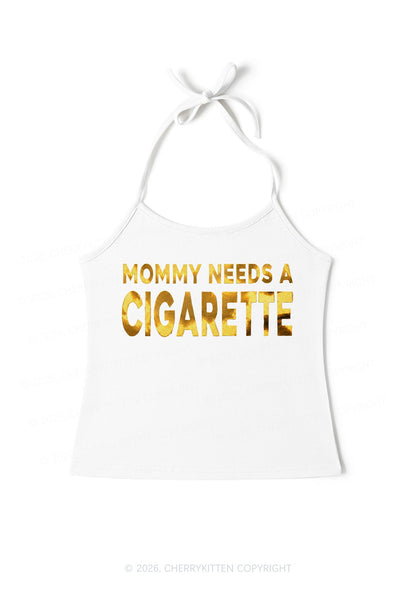 Mommy Needs A Cigarette Silver Foil Printed Y2K Halter Neck Cami Cherrykitten