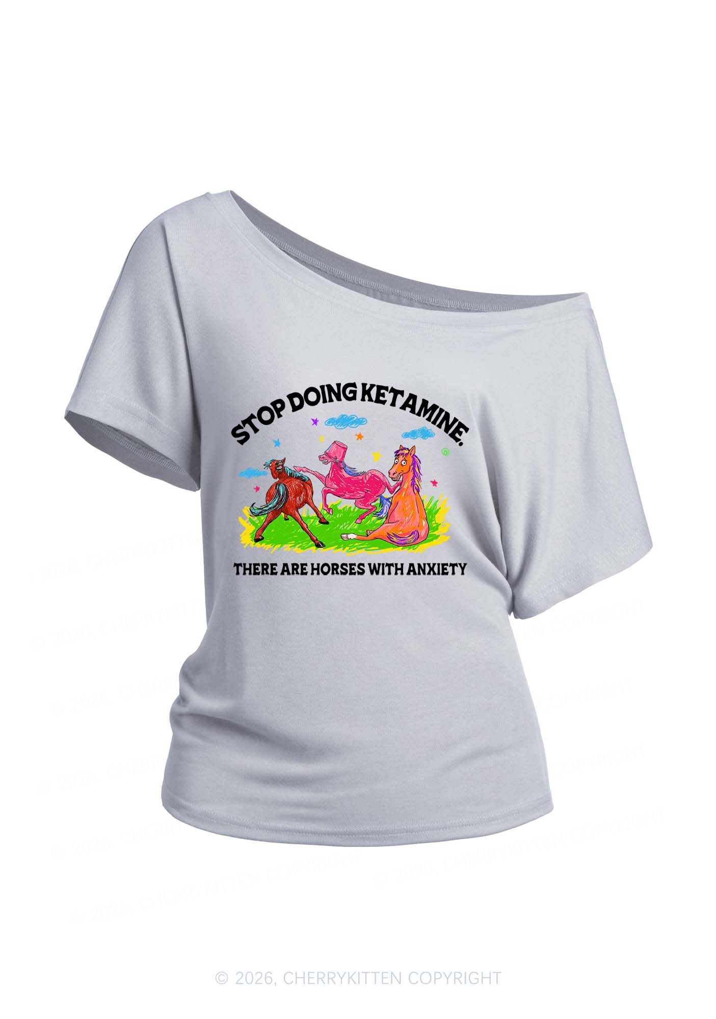 Horses With Anxiety Y2K Off Shoulder Tee Cherrykitten