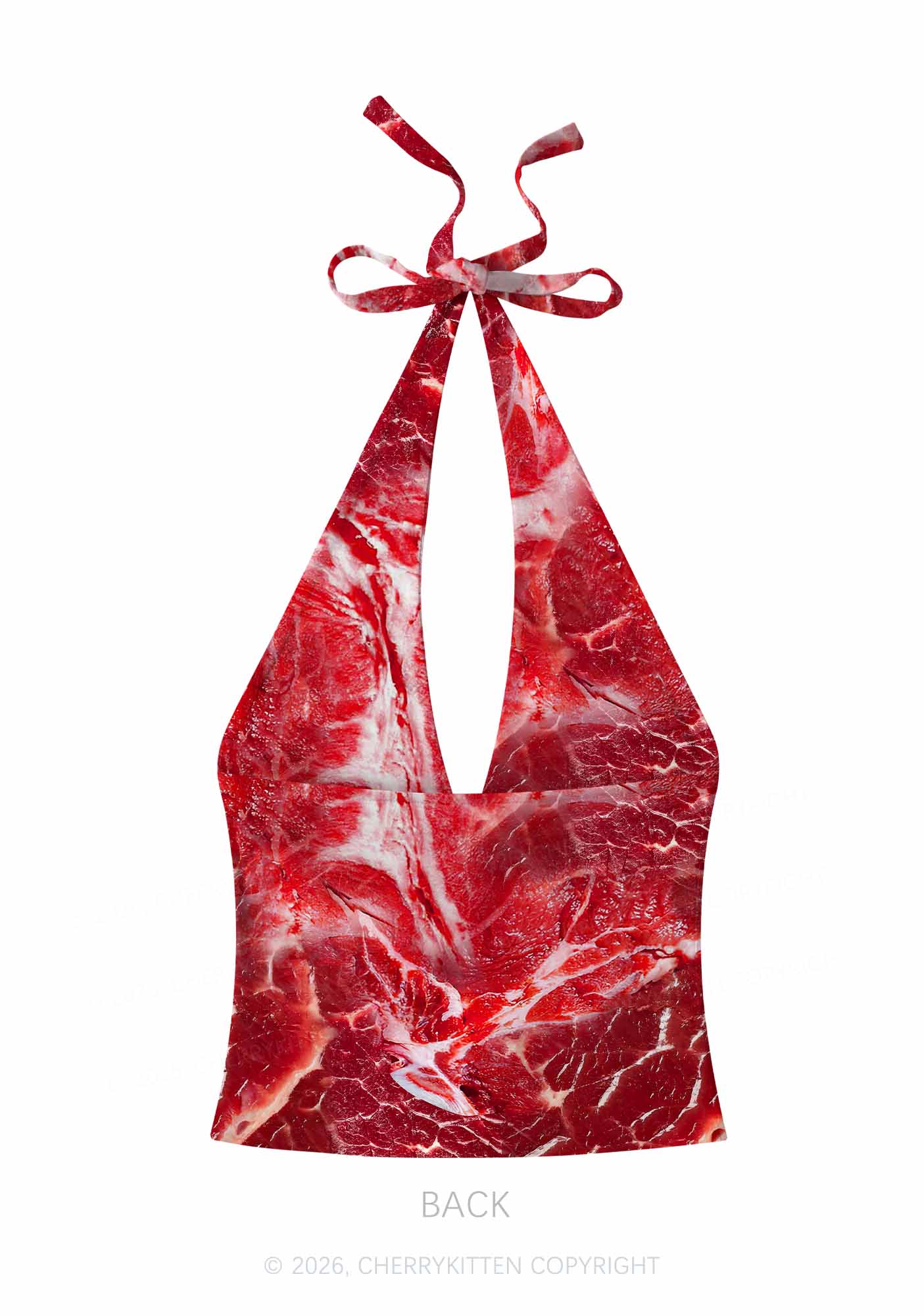 Beef Steak Texture Y2K Print Halter Deep V Neck Cami Cherrykitten