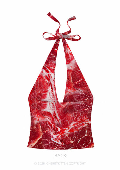 Beef Steak Texture Y2K Print Halter Deep V Neck Cami Cherrykitten
