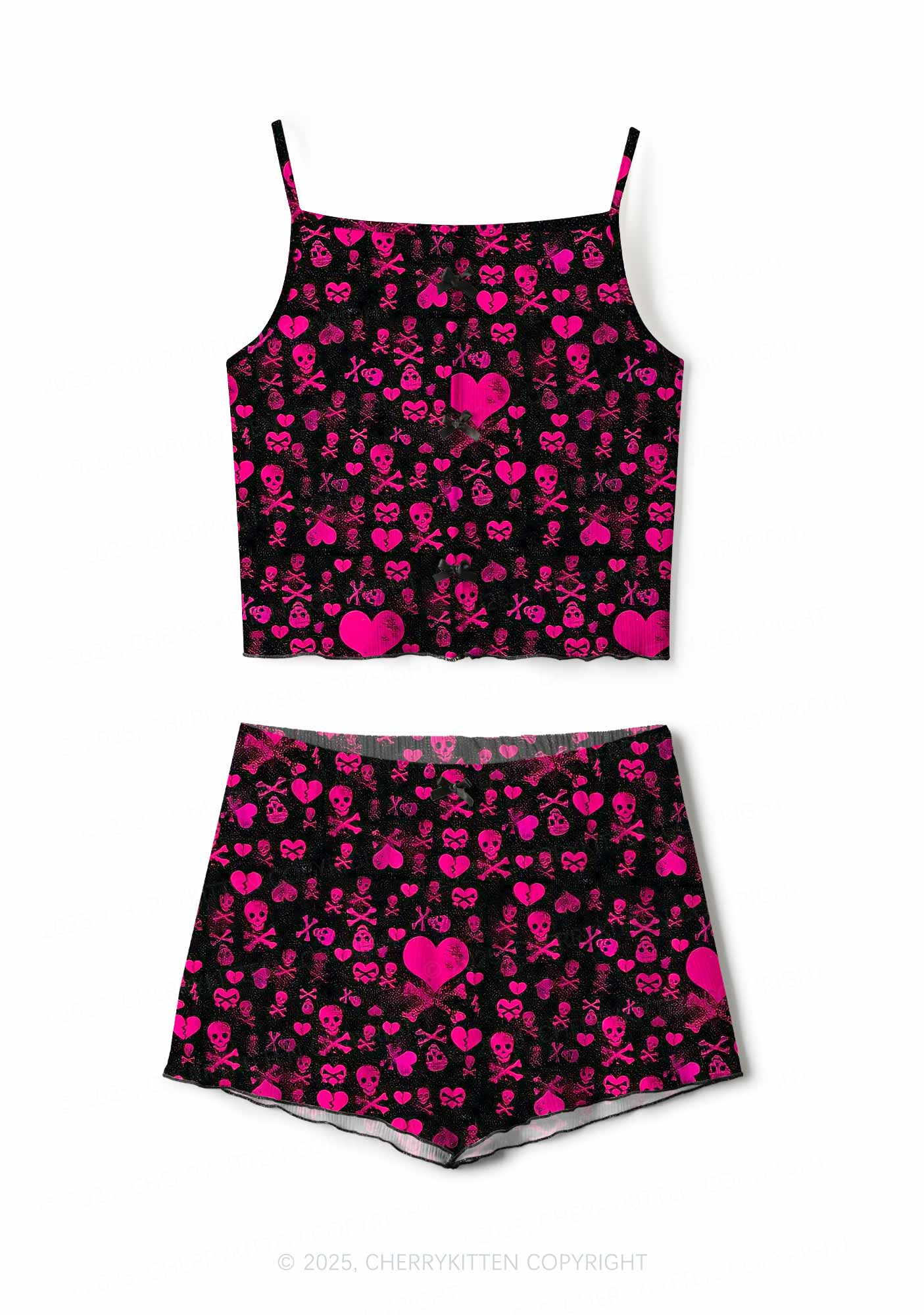 Skeleton Pink Love Valentine's Day Y2K Print Cami Shorts Pajama Set Cherrykitten