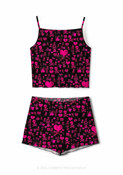 Skeleton Pink Love Valentine's Day Y2K Print Cami Shorts Pajama Set Cherrykitten