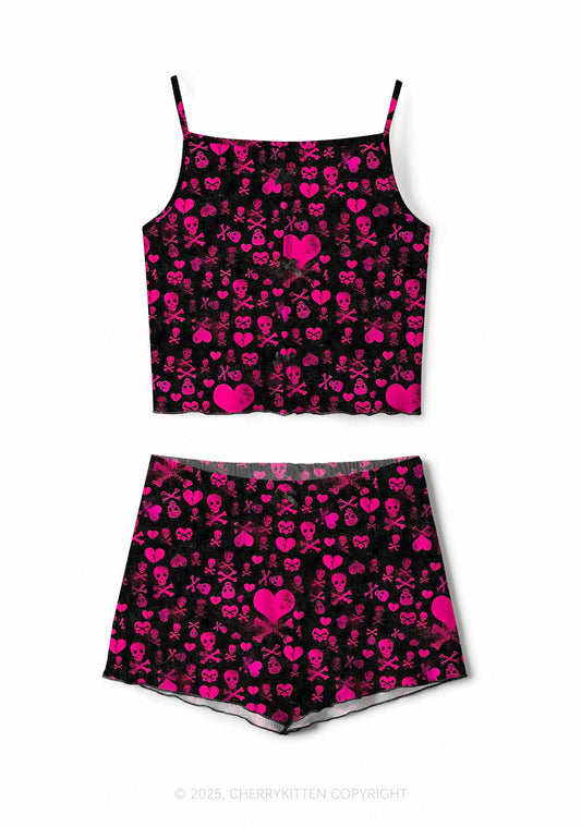 Skeleton Pink Love Valentine's Day Y2K Print Cami Shorts Pajama Set Cherrykitten