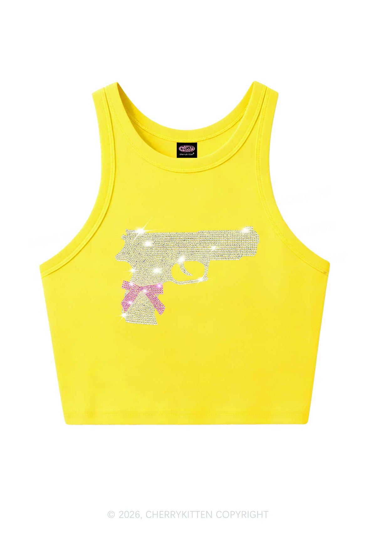 Rhinestone Pink Bow Weapon Y2K Crop Tank Top Cherrykitten