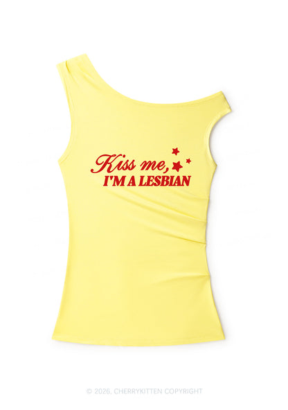 Kiss Me Im Lesbian Pride Y2K Off Shoulder Tank Top Cherrykitten