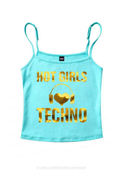 Hot Girls Love Techno Silver Foil Printed Y2K Spaghetti Strap Cami Cherrykitten