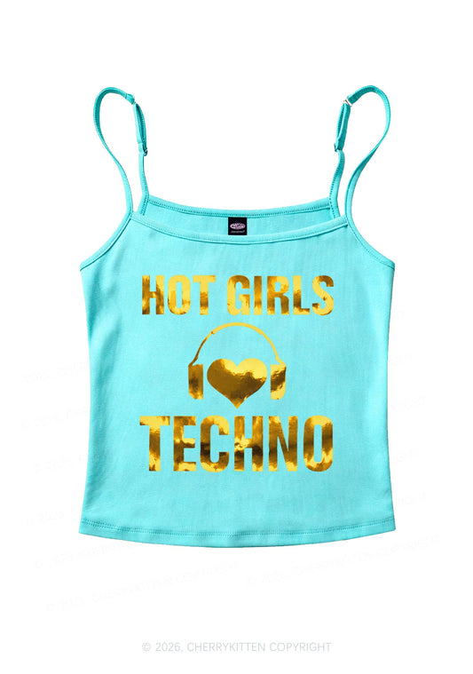 Hot Girls Love Techno Silver Foil Printed Y2K Spaghetti Strap Cami Cherrykitten