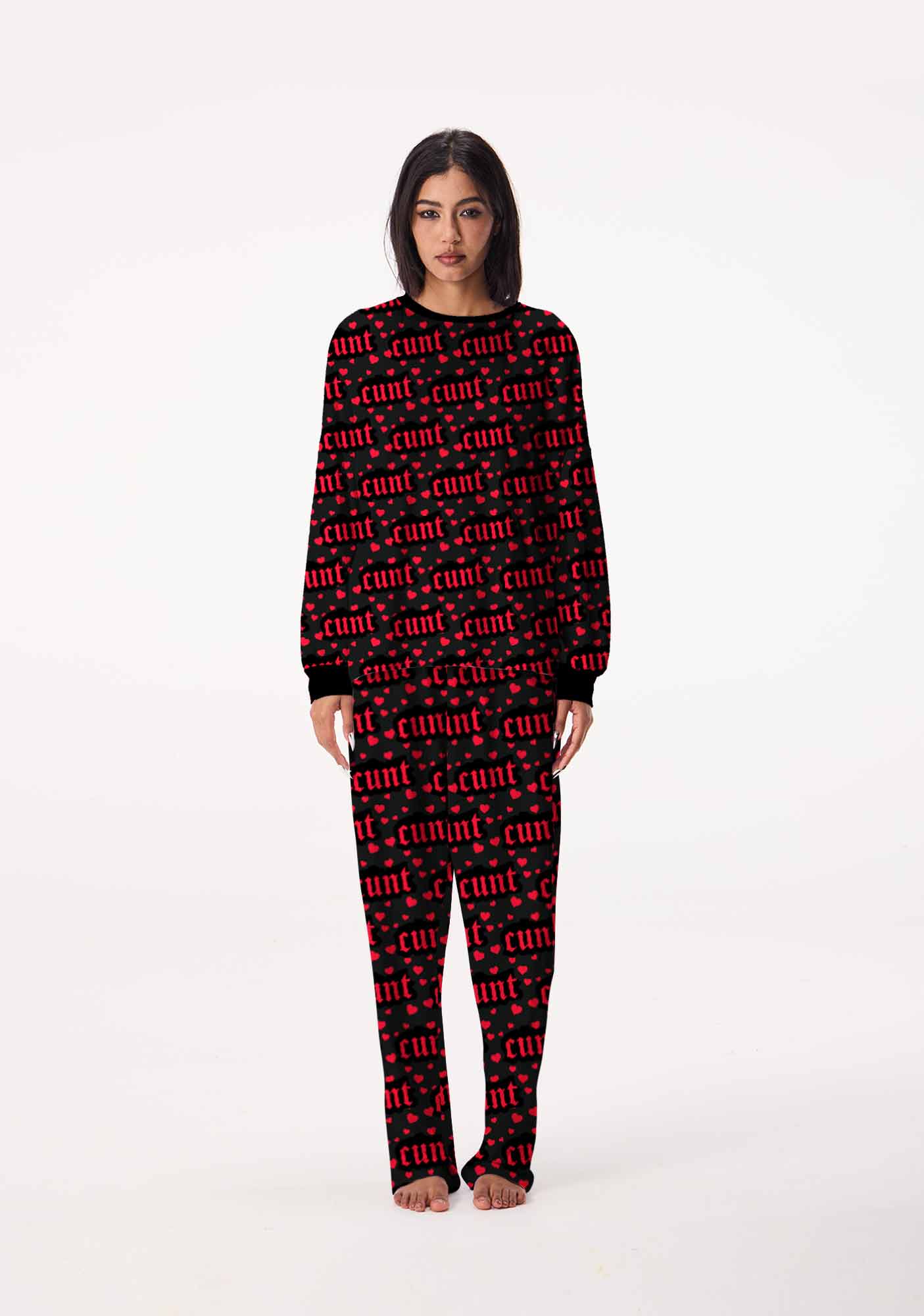 Red Hearts Cxxt Valentine's Day Y2K Print Long Sleeve Pajama Set Cherrykitten