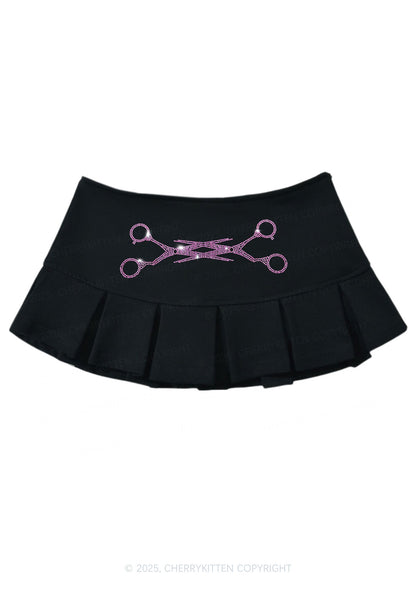 Rhinestone Pink Scissor Pride Y2K Mini Pleated Skirts Cherrykitten