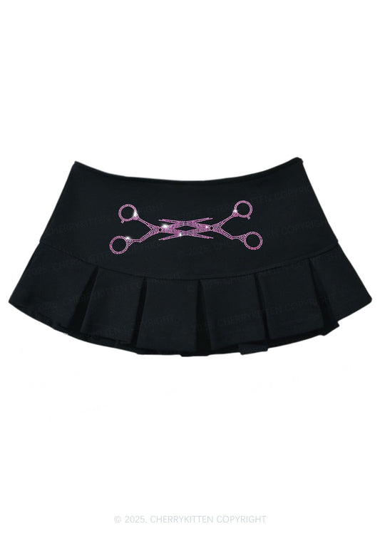 Rhinestone Pink Scissor Pride Y2K Mini Pleated Skirts Cherrykitten