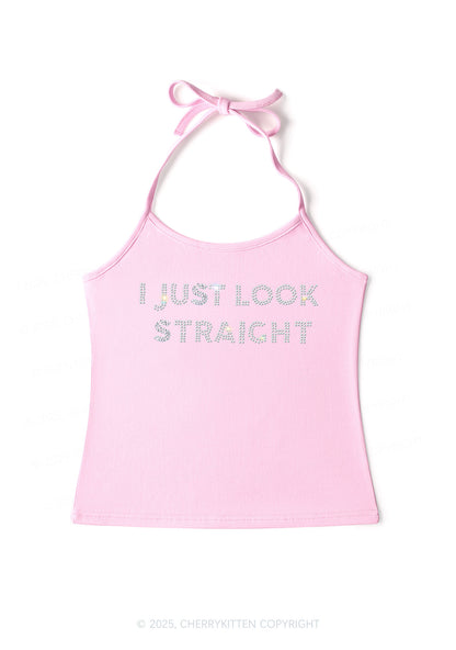 Rhinestone I Just Look Straight Pride Y2K Halter Neck Cami Cherrykitten