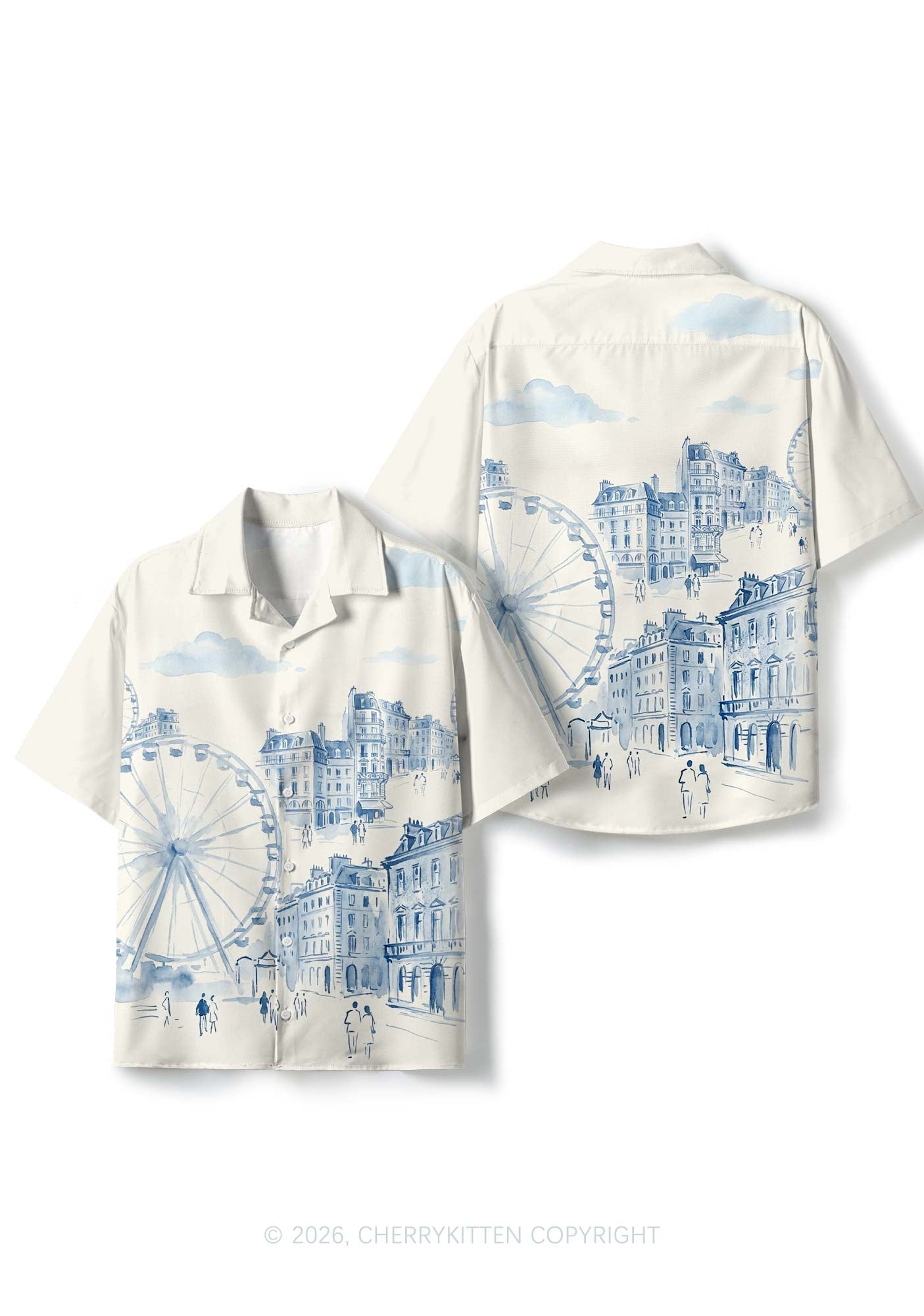 Blue Watercolor Cityscape Ferris Wheel Y2K Print Hawaiian Shirt Cherrykitten
