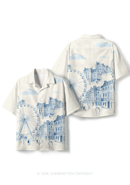 Blue Watercolor Cityscape Ferris Wheel Y2K Print Hawaiian Shirt Cherrykitten