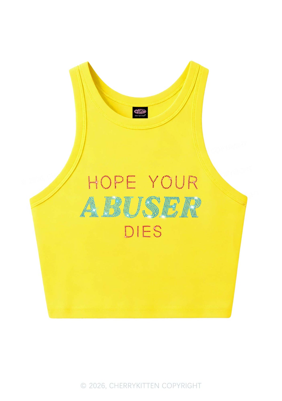 Rhinestone Hope Your Abuser Dies Y2K Crop Tank Top Cherrykitten