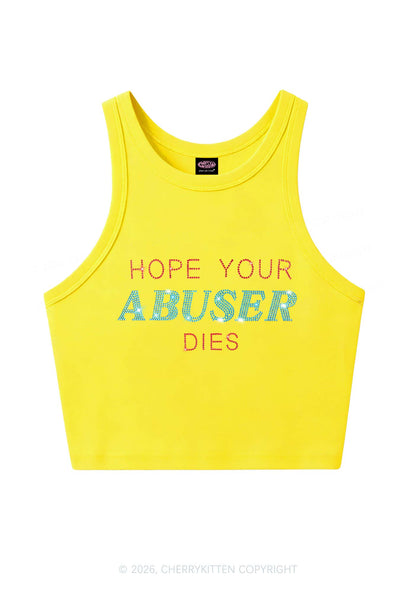 Rhinestone Hope Your Abuser Dies Y2K Crop Tank Top Cherrykitten