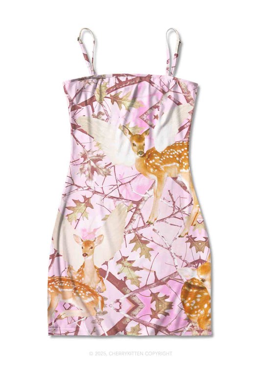 Pink Wood Deer Y2K Print Slip Dress Cherrykitten
