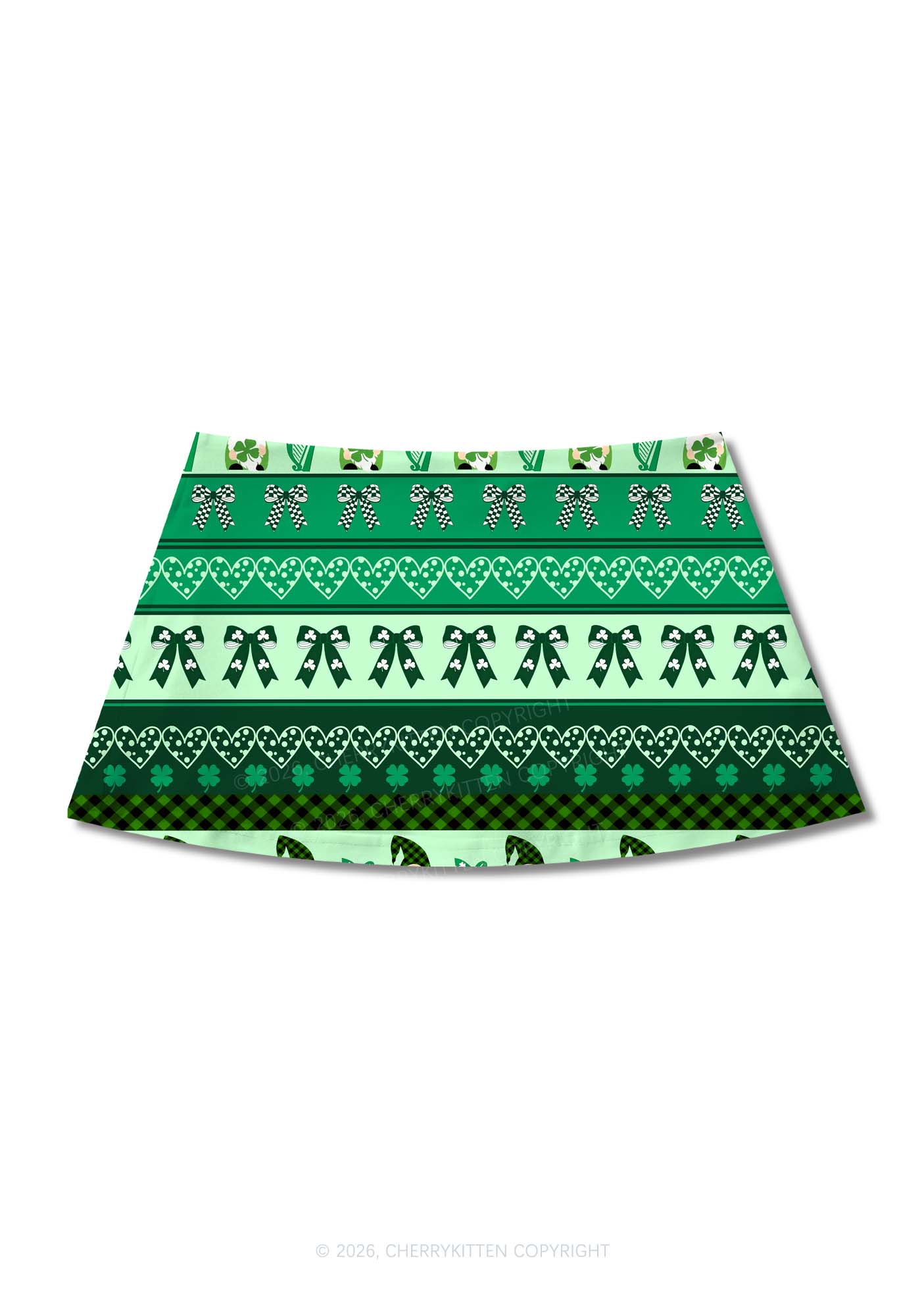Green Gnome Shamrock Bows St Patricks Y2K Print Mini Skirt Cherrykitten