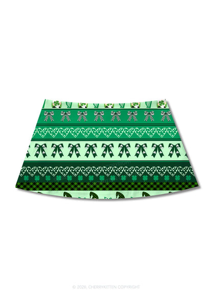 Green Gnome Shamrock Bows St Patricks Y2K Print Mini Skirt Cherrykitten