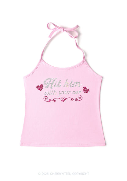 Rhinestone Hit Him Y2K Halter Neck Cami Cherrykitten