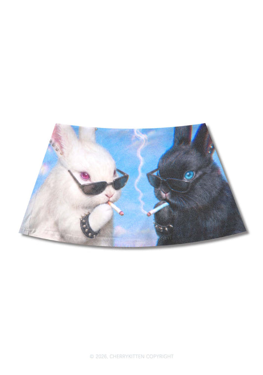 Smoking Punk Bunny Y2K Print Mini Skirt Cherrykitten