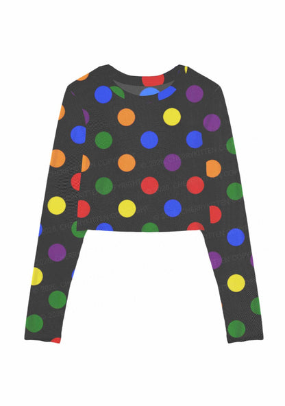 Rainbow Dots On Black Pride Y2K Mesh Long Sleeve Crop Top Cherrykitten